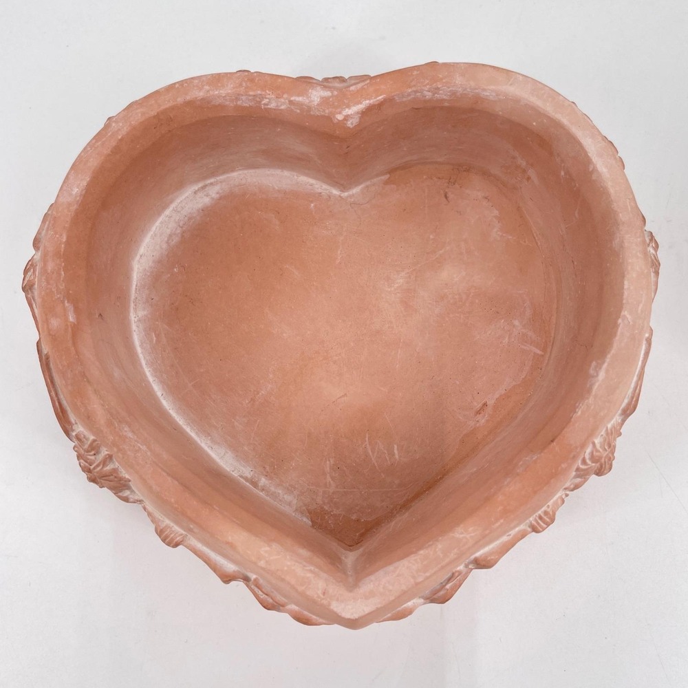 Vintage Terracotta Heart Trinket Box Embossed Angel Bird Floral Lidded Korea - Picture 7 of 11